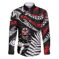 New Zealand Maori Rugby Personalised Family Matching Mermaid Dress and Hawaiian Shirt Ta Moko Silver Fern LT7 Dad's Shirt - Long Sleeve Black - Polynesian Pride