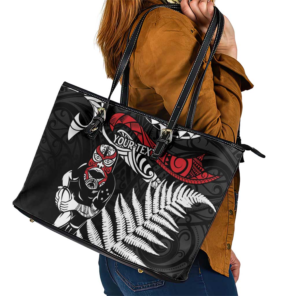 New Zealand Maori Rugby Personalised Leather Tote Bag Ta Moko Silver Fern