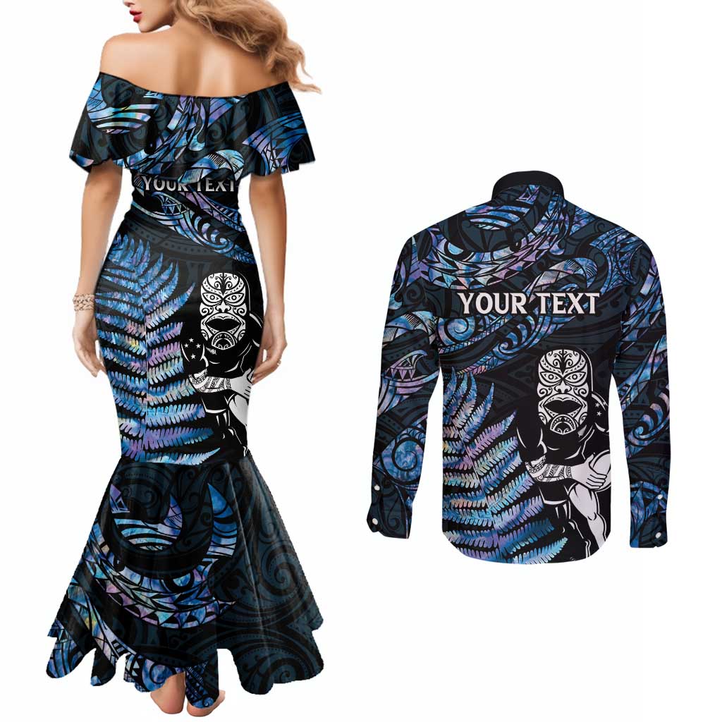 New Zealand Maori Rugby Personalised Couples Matching Mermaid Dress and Long Sleeve Button Shirt Ta Moko Silver Fern - Paua Blue