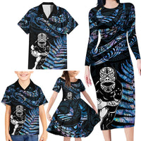 New Zealand Maori Rugby Personalised Family Matching Long Sleeve Bodycon Dress and Hawaiian Shirt Ta Moko Silver Fern - Paua Blue