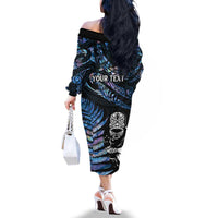 New Zealand Maori Rugby Personalised Family Matching Off The Shoulder Long Sleeve Dress and Hawaiian Shirt Ta Moko Silver Fern - Paua Blue