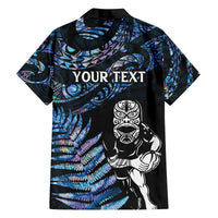 New Zealand Maori Rugby Personalised Family Matching Off Shoulder Short Dress and Hawaiian Shirt Ta Moko Silver Fern - Paua Blue