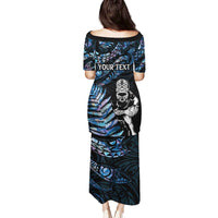 New Zealand Maori Rugby Personalised Family Matching Puletasi and Hawaiian Shirt Ta Moko Silver Fern - Paua Blue