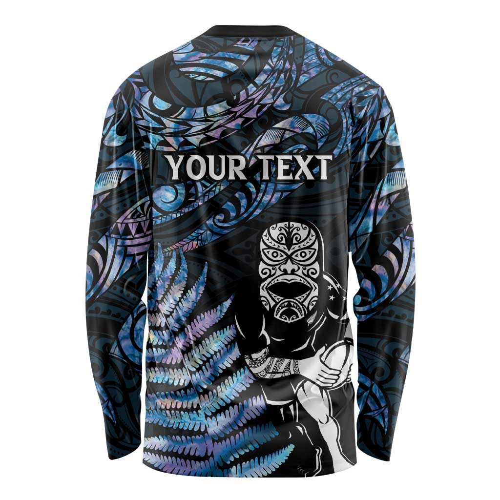 New Zealand Maori Rugby Personalised Long Sleeve Shirt Ta Moko Silver Fern - Paua Blue