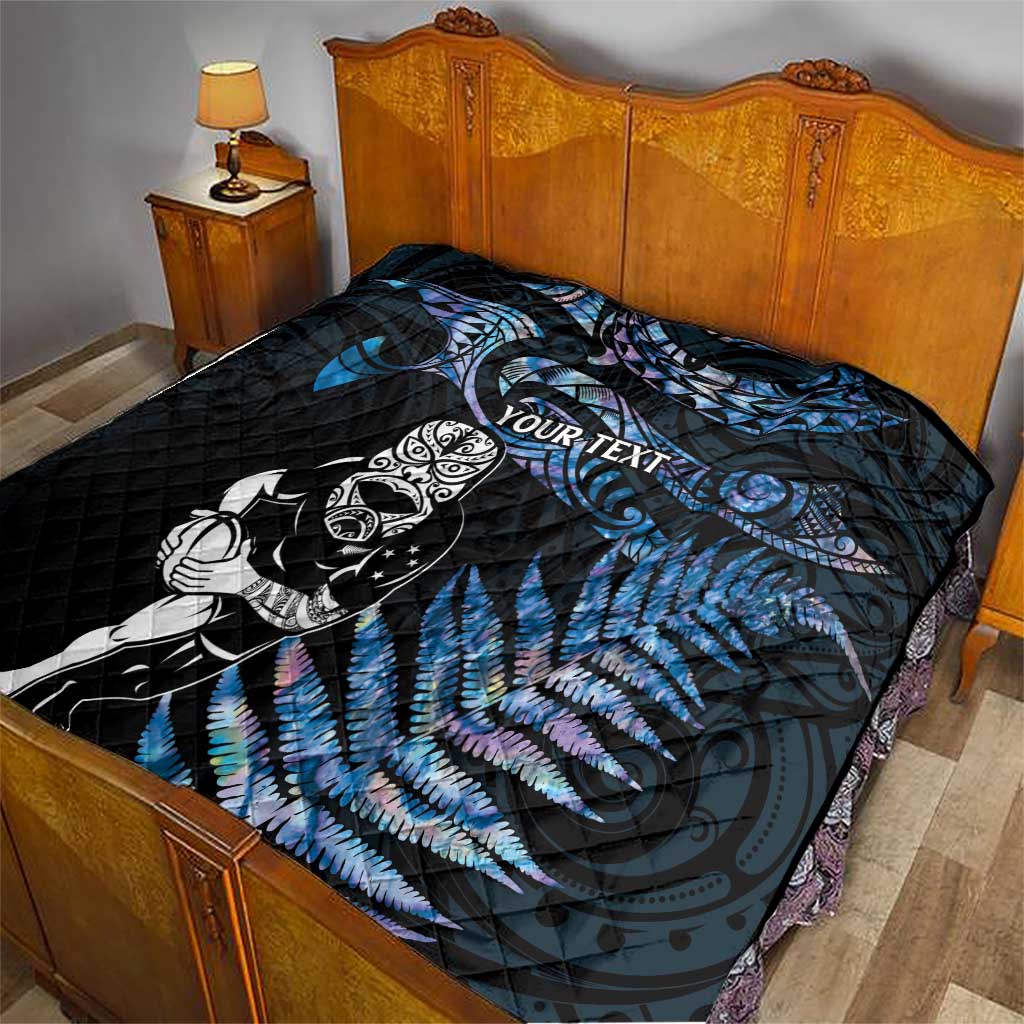New Zealand Maori Rugby Personalised Quilt Ta Moko Silver Fern - Paua Blue