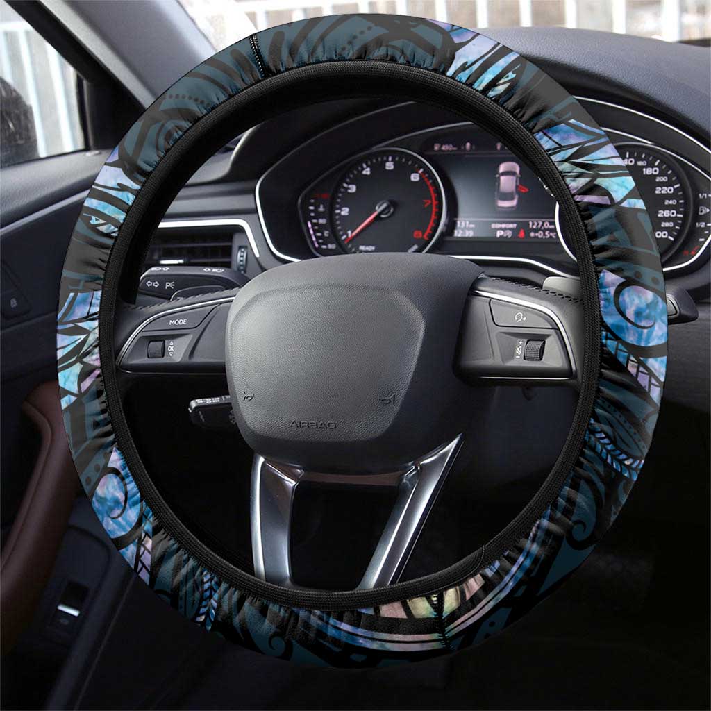 New Zealand Maori Rugby Steering Wheel Cover Ta Moko Silver Fern - Paua Blue