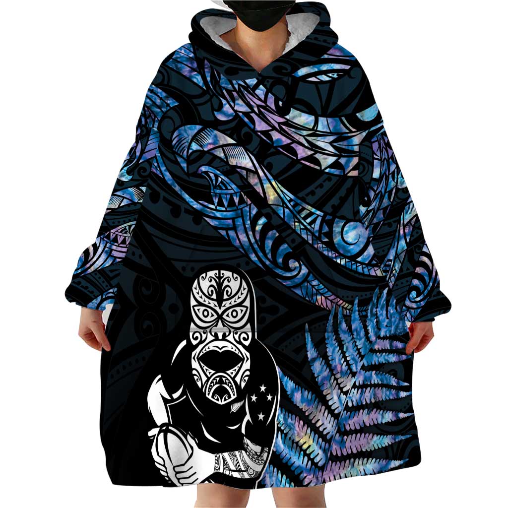 New Zealand Maori Rugby Personalised Wearable Blanket Hoodie Ta Moko Silver Fern - Paua Blue