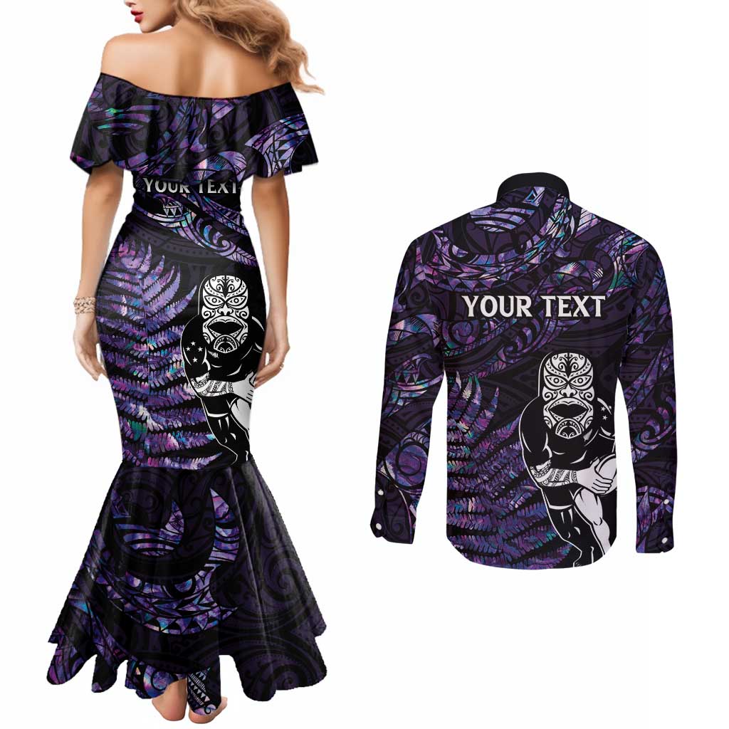 New Zealand Maori Rugby Personalised Couples Matching Mermaid Dress and Long Sleeve Button Shirt Ta Moko Silver Fern - Paua Purple