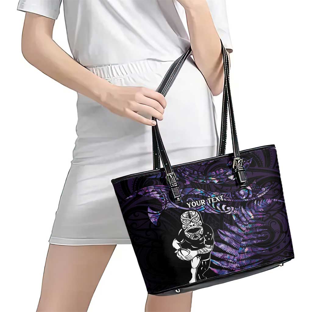 New Zealand Maori Rugby Personalised Leather Tote Bag Ta Moko Silver Fern - Paua Purple