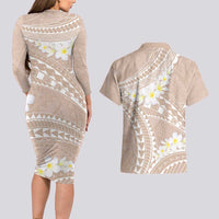 Polynesian Vintage Floral Couples Matching Long Sleeve Bodycon Dress and Hawaiian Shirt Beige Motifs - Polynesian Pride