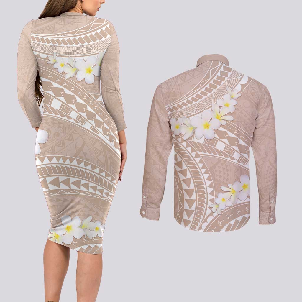 Polynesian Vintage Floral Couples Matching Long Sleeve Bodycon Dress and Long Sleeve Button Shirt Beige Motifs - Polynesian Pride