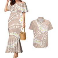 Polynesian Vintage Floral Couples Matching Mermaid Dress and Hawaiian Shirt Beige Motifs - Polynesian Pride