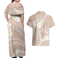 Polynesian Vintage Floral Couples Matching Off Shoulder Maxi Dress and Hawaiian Shirt Beige Motifs - Polynesian Pride