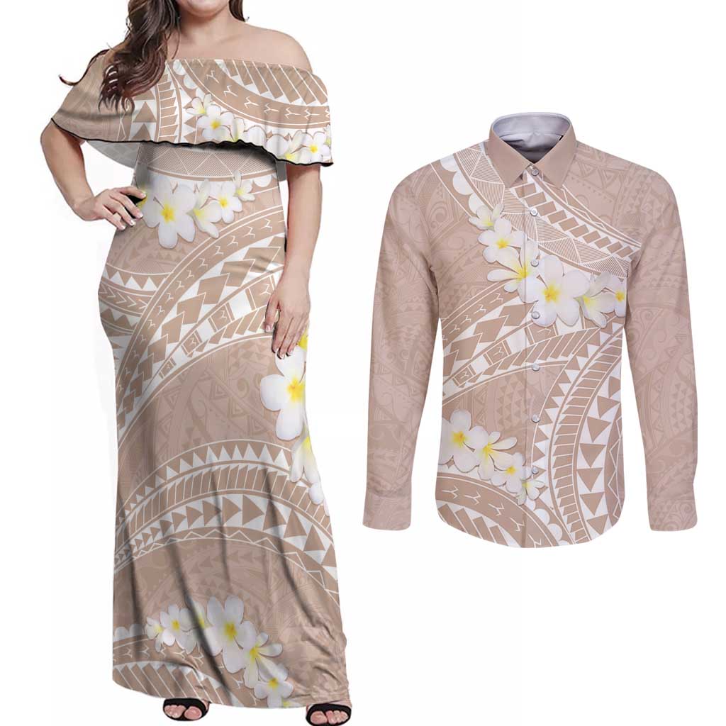 Polynesian Vintage Floral Couples Matching Off Shoulder Maxi Dress and Long Sleeve Button Shirt Beige Motifs - Polynesian Pride