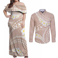 Polynesian Vintage Floral Couples Matching Off Shoulder Maxi Dress and Long Sleeve Button Shirt Beige Motifs - Polynesian Pride