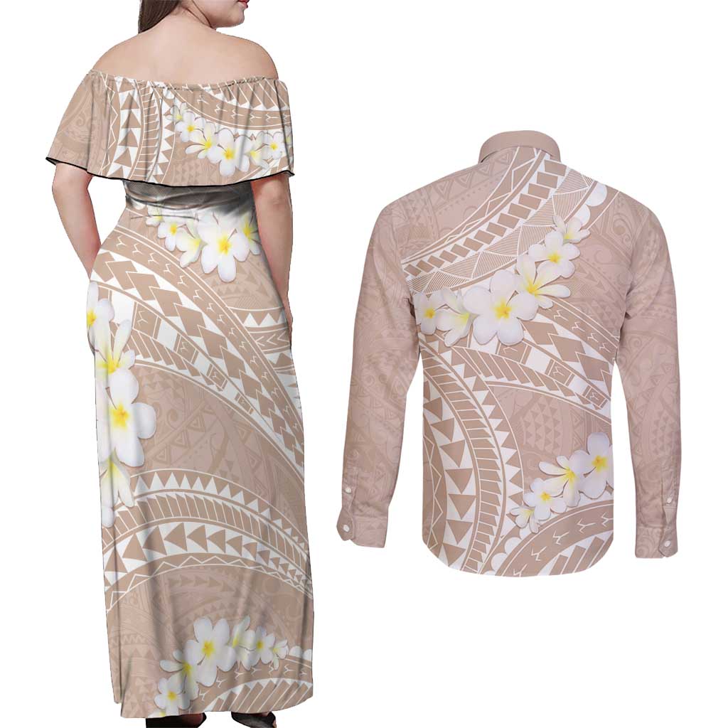 Polynesian Vintage Floral Couples Matching Off Shoulder Maxi Dress and Long Sleeve Button Shirt Beige Motifs - Polynesian Pride