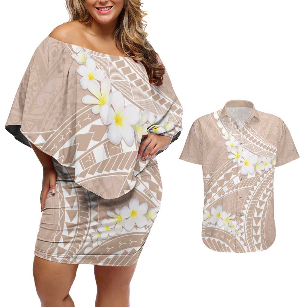 Polynesian Vintage Floral Couples Matching Off Shoulder Short Dress and Hawaiian Shirt Beige Motifs - Polynesian Pride