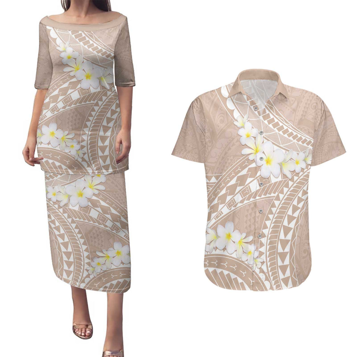Polynesian Vintage Floral Couples Matching Puletasi and Hawaiian Shirt Beige Motifs - Polynesian Pride