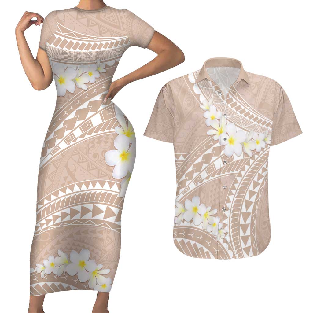 Polynesian Vintage Floral Couples Matching Short Sleeve Bodycon Dress and Hawaiian Shirt Beige Motifs - Polynesian Pride