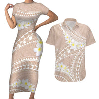 Polynesian Vintage Floral Couples Matching Short Sleeve Bodycon Dress and Hawaiian Shirt Beige Motifs - Polynesian Pride