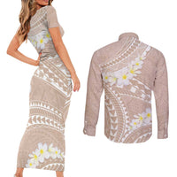Polynesian Vintage Floral Couples Matching Short Sleeve Bodycon Dress and Long Sleeve Button Shirt Beige Motifs - Polynesian Pride