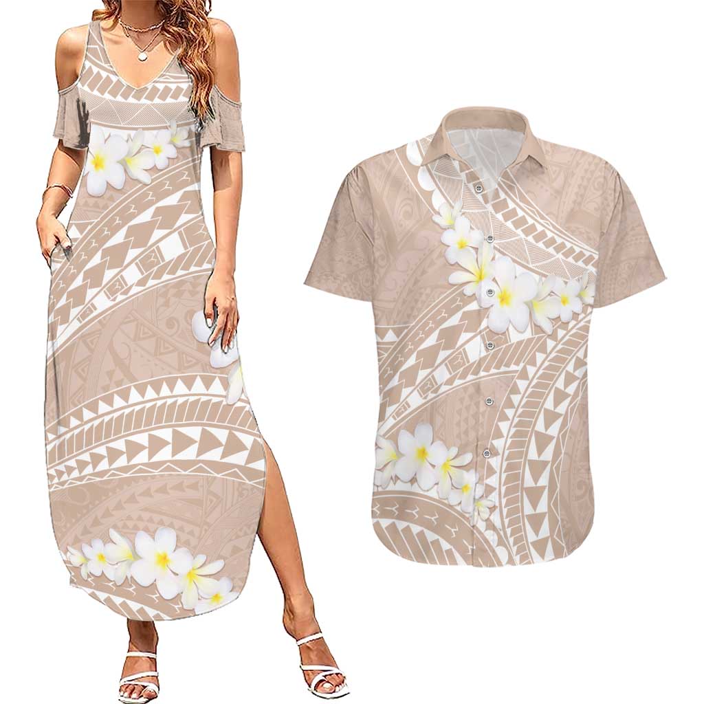 Polynesian Vintage Floral Couples Matching Summer Maxi Dress and Hawaiian Shirt Beige Motifs - Polynesian Pride