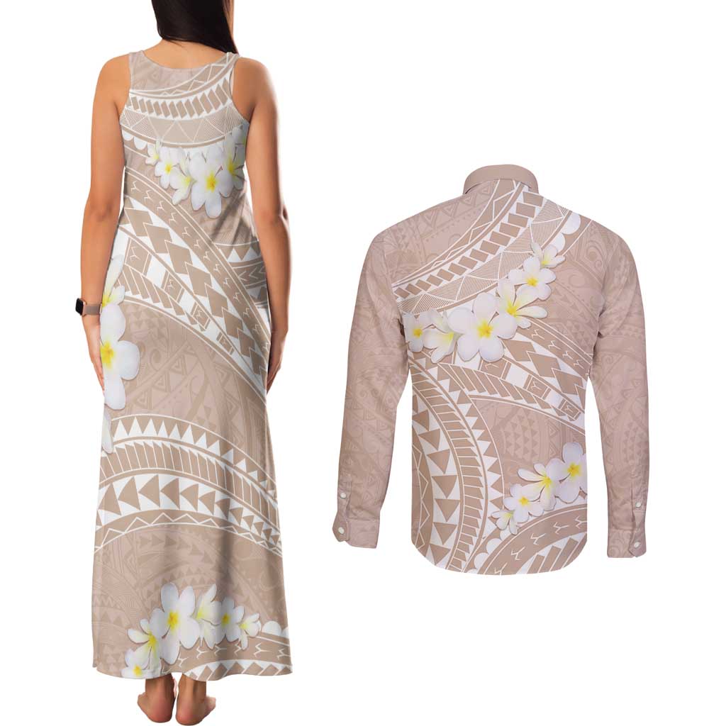 Polynesian Vintage Floral Couples Matching Tank Maxi Dress and Long Sleeve Button Shirt Beige Motifs - Polynesian Pride