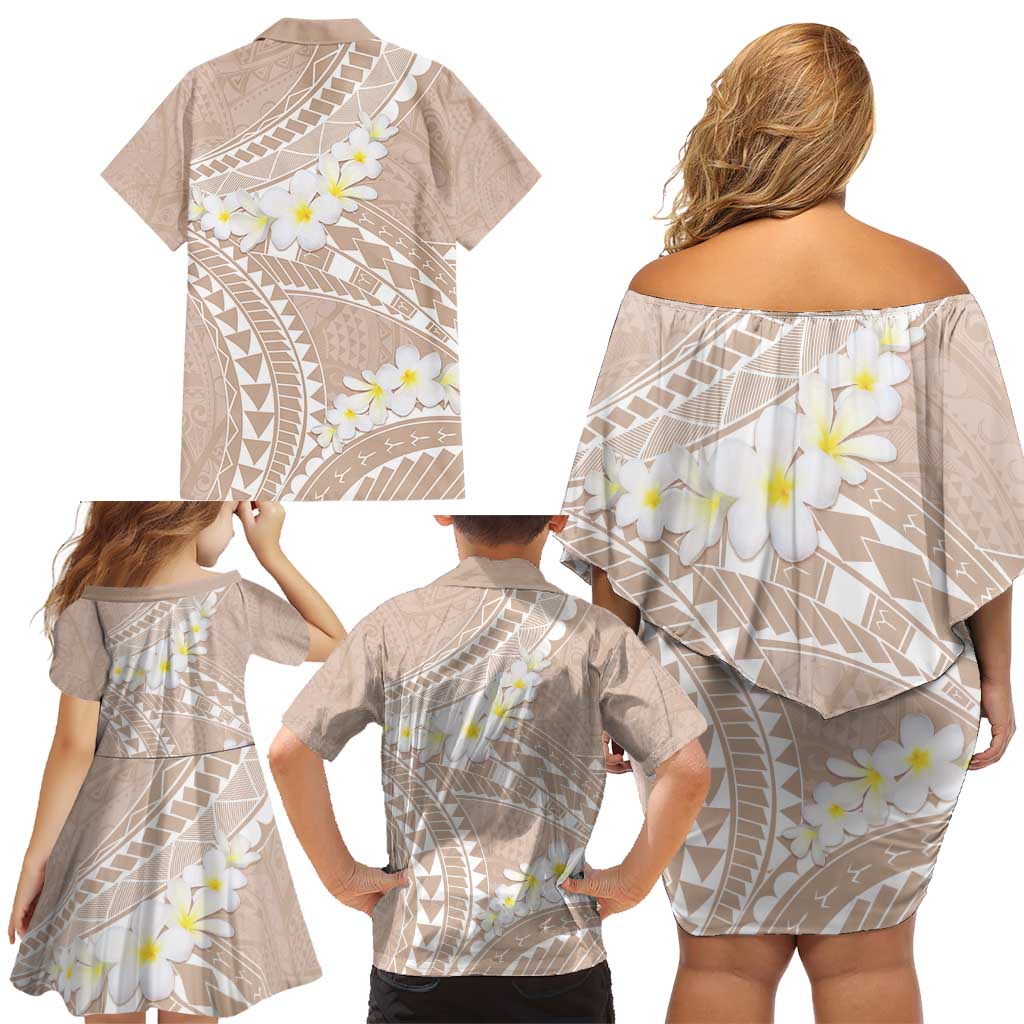 Polynesian Vintage Floral Family Matching Off Shoulder Short Dress and Hawaiian Shirt Beige Motifs - Polynesian Pride