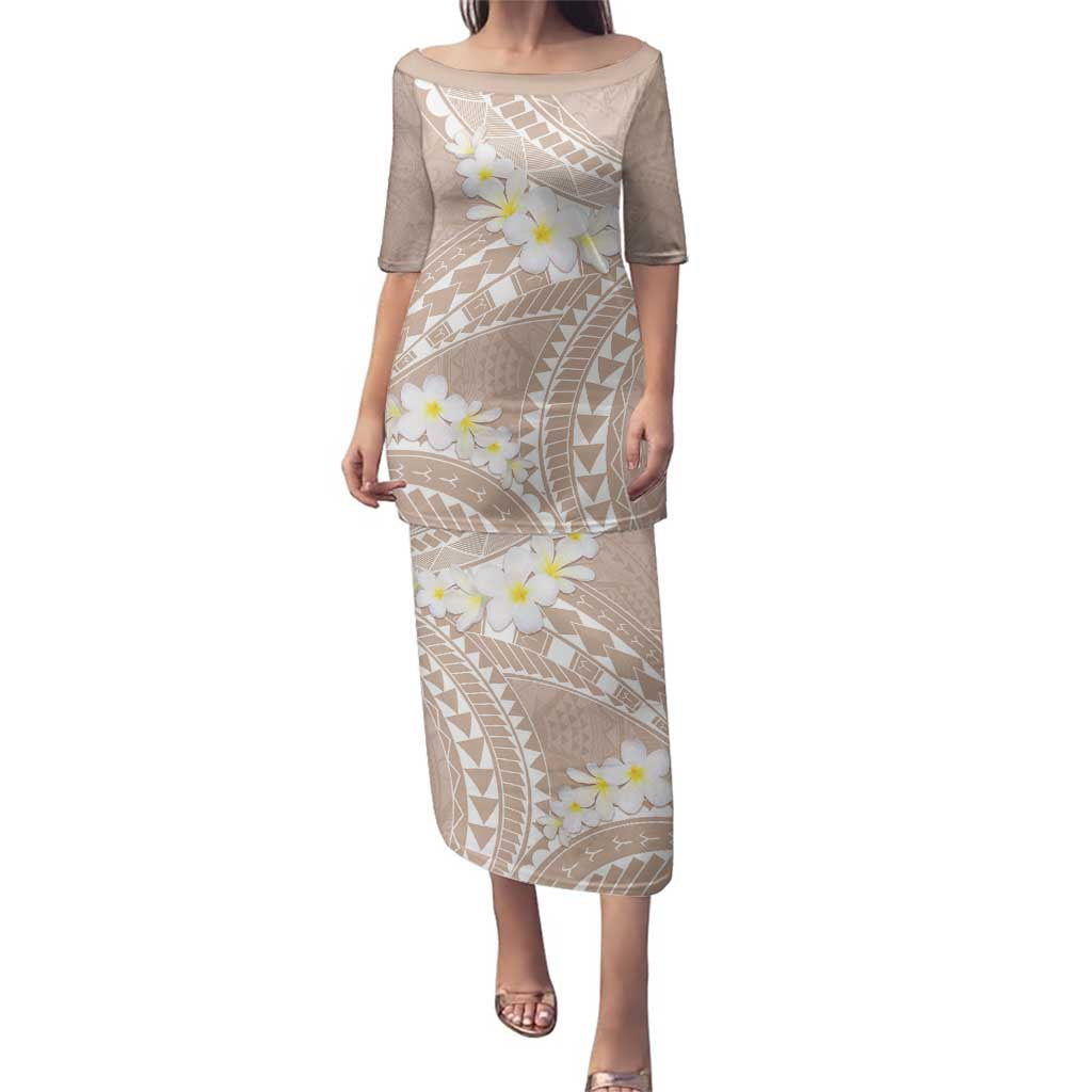 Polynesian Vintage Floral Family Matching Puletasi and Hawaiian Shirt Beige Motifs - Polynesian Pride