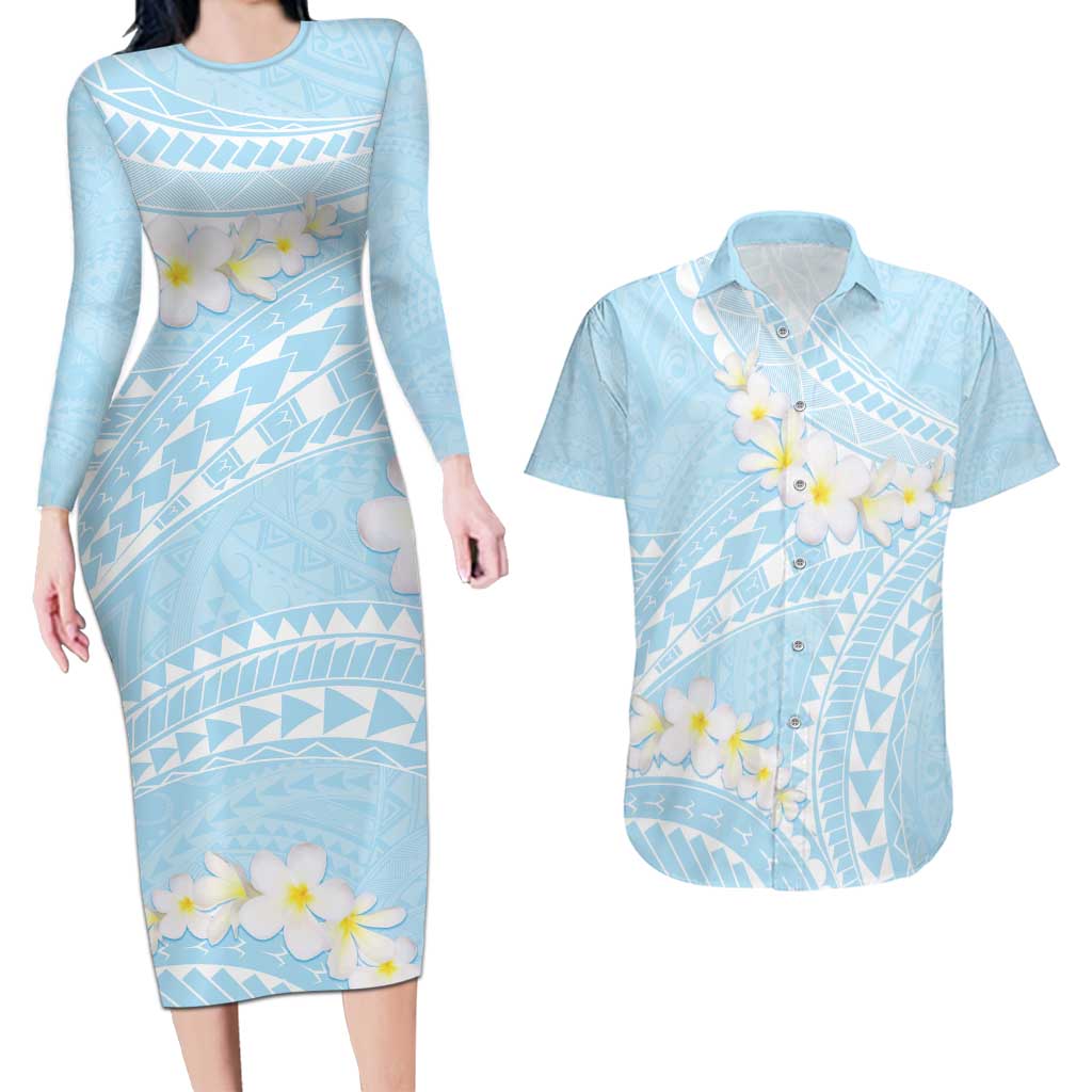 Polynesian Vintage Floral Couples Matching Long Sleeve Bodycon Dress and Hawaiian Shirt Azure Motifs - Polynesian Pride