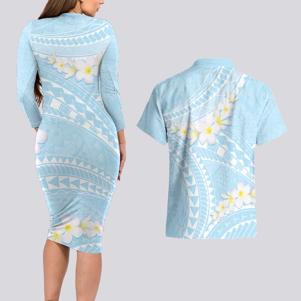 Polynesian Vintage Floral Couples Matching Long Sleeve Bodycon Dress and Hawaiian Shirt Azure Motifs - Polynesian Pride