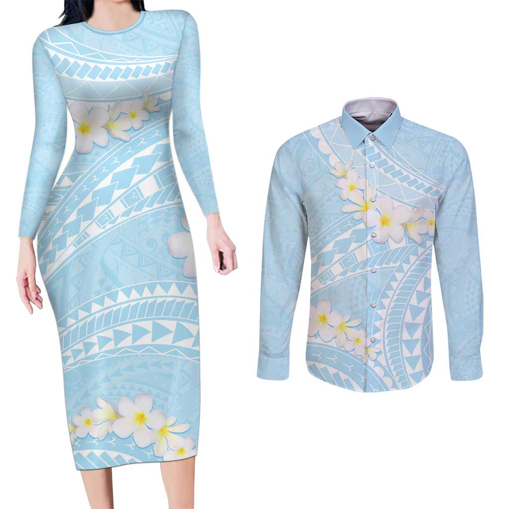 Polynesian Vintage Floral Couples Matching Long Sleeve Bodycon Dress and Long Sleeve Button Shirt Azure Motifs - Polynesian Pride
