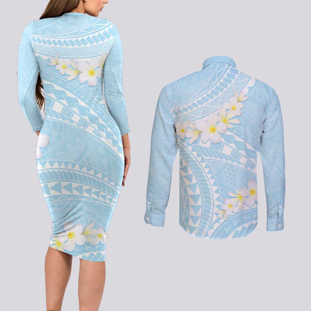 Polynesian Vintage Floral Couples Matching Long Sleeve Bodycon Dress and Long Sleeve Button Shirt Azure Motifs - Polynesian Pride