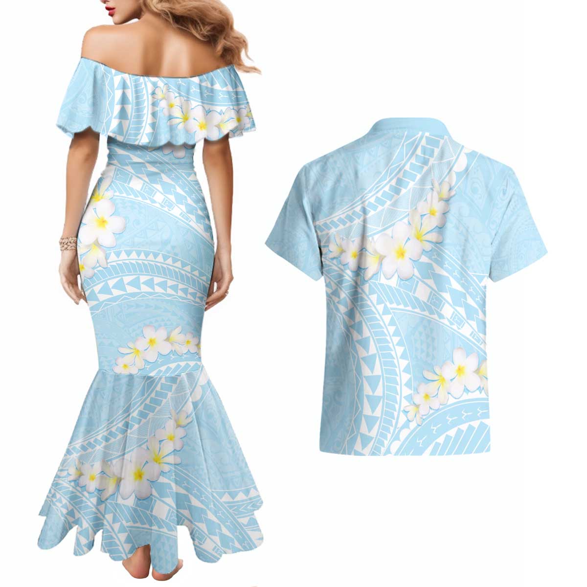 Polynesian Vintage Floral Couples Matching Mermaid Dress and Hawaiian Shirt Azure Motifs - Polynesian Pride