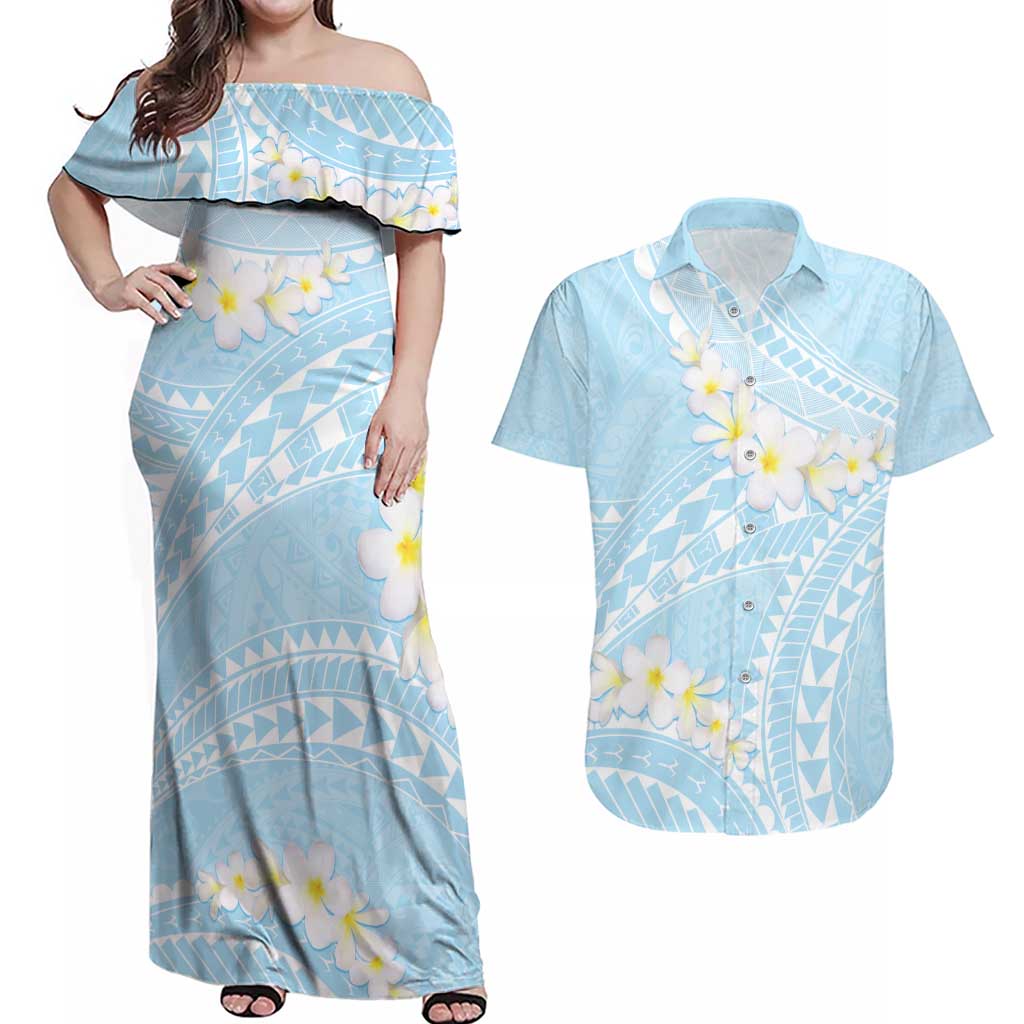 Polynesian Vintage Floral Couples Matching Off Shoulder Maxi Dress and Hawaiian Shirt Azure Motifs - Polynesian Pride