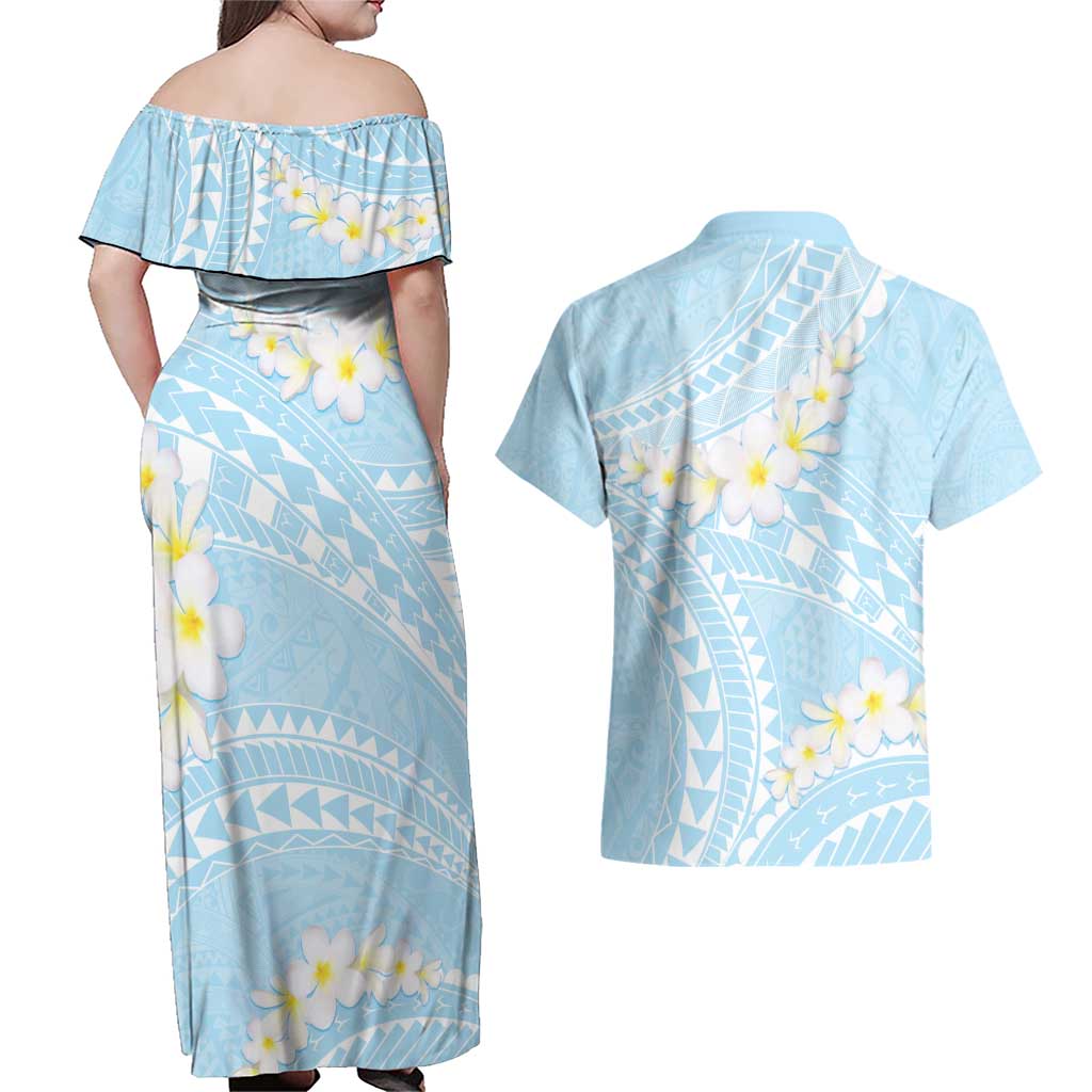 Polynesian Vintage Floral Couples Matching Off Shoulder Maxi Dress and Hawaiian Shirt Azure Motifs - Polynesian Pride
