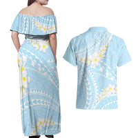 Polynesian Vintage Floral Couples Matching Off Shoulder Maxi Dress and Hawaiian Shirt Azure Motifs - Polynesian Pride