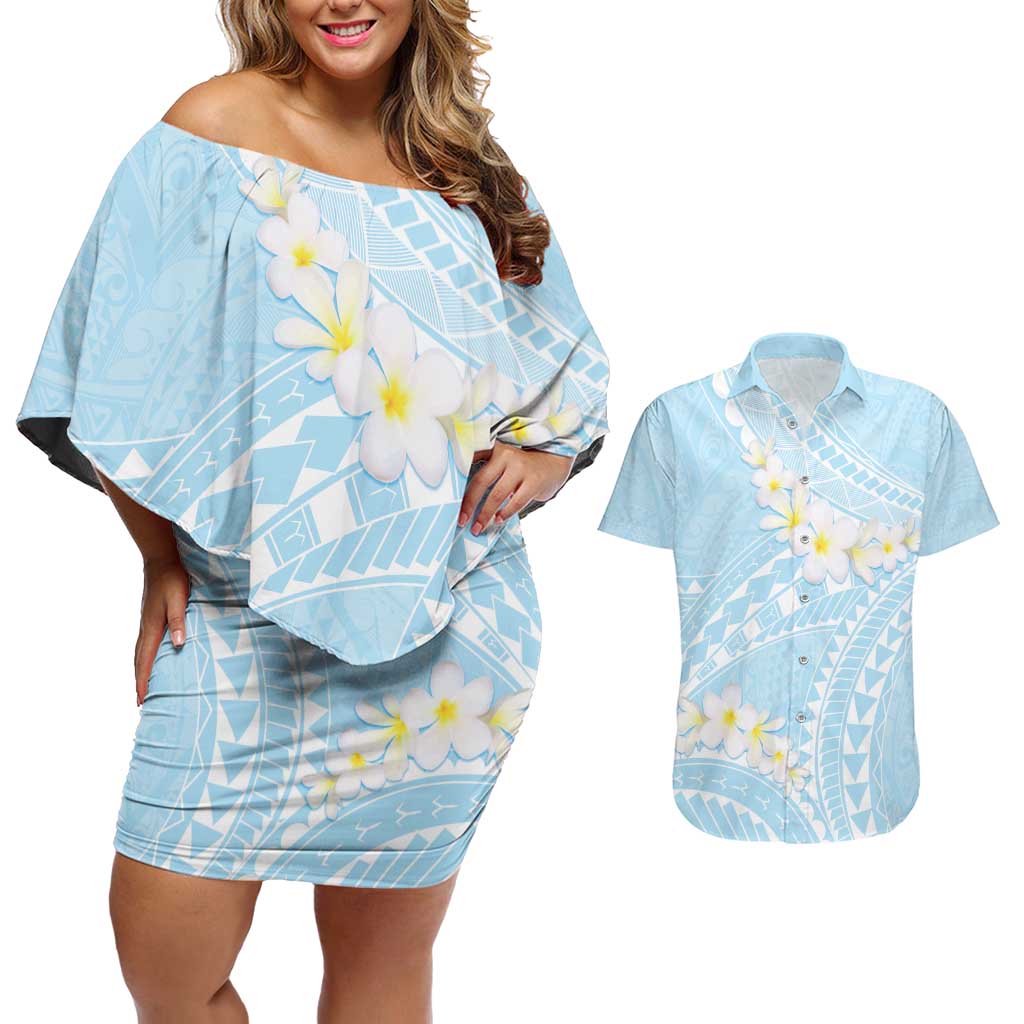 Polynesian Vintage Floral Couples Matching Off Shoulder Short Dress and Hawaiian Shirt Azure Motifs - Polynesian Pride