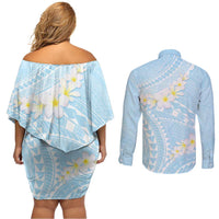Polynesian Vintage Floral Couples Matching Off Shoulder Short Dress and Long Sleeve Button Shirt Azure Motifs - Polynesian Pride