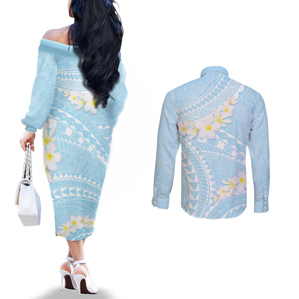 Polynesian Vintage Floral Couples Matching Off The Shoulder Long Sleeve Dress and Long Sleeve Button Shirt Azure Motifs - Polynesian Pride