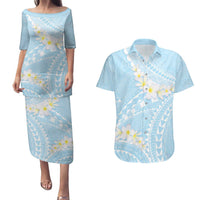 Polynesian Vintage Floral Couples Matching Puletasi and Hawaiian Shirt Azure Motifs - Polynesian Pride