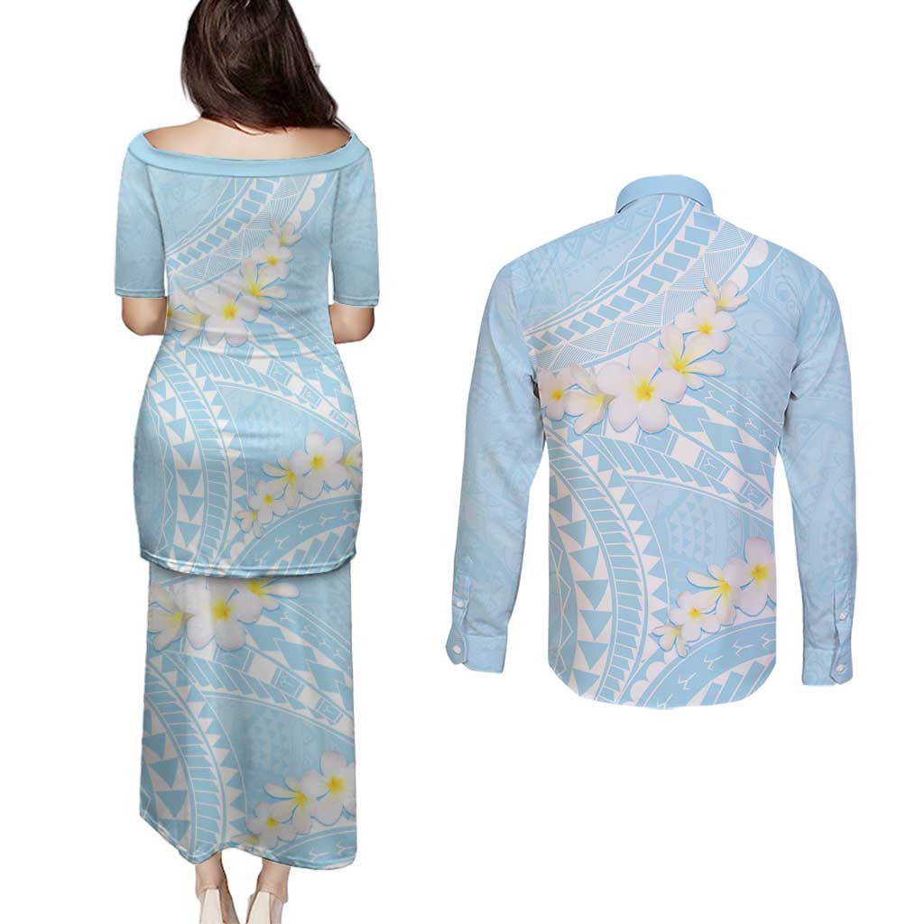 Polynesian Vintage Floral Couples Matching Puletasi and Long Sleeve Button Shirt Azure Motifs - Polynesian Pride