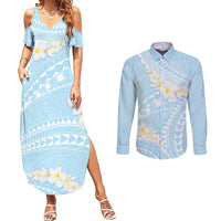 Polynesian Vintage Floral Couples Matching Summer Maxi Dress and Long Sleeve Button Shirt Azure Motifs - Polynesian Pride