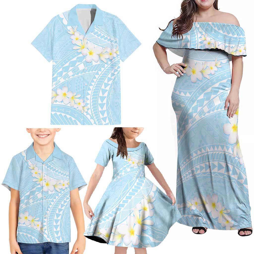 Polynesian Vintage Floral Family Matching Off Shoulder Maxi Dress and Hawaiian Shirt Azure Motifs - Polynesian Pride