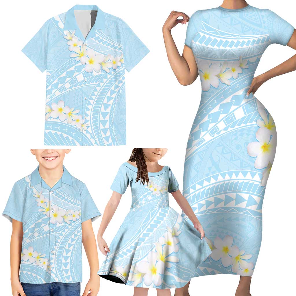 Polynesian Vintage Floral Family Matching Short Sleeve Bodycon Dress and Hawaiian Shirt Azure Motifs - Polynesian Pride