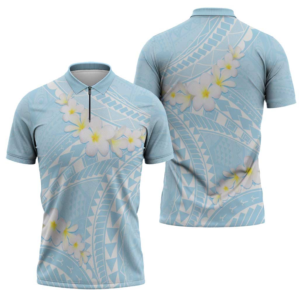 Polynesian Vintage Floral Zipper Polo Shirt Azure Motifs - Polynesian Pride