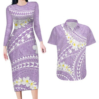 Polynesian Vintage Floral Couples Matching Long Sleeve Bodycon Dress and Hawaiian Shirt Lavender Motifs - Polynesian Pride