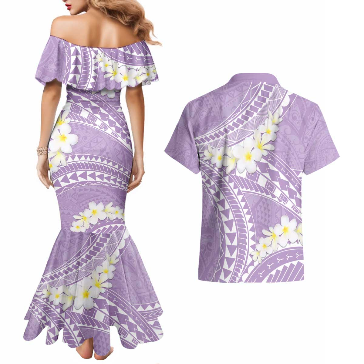 Polynesian Vintage Floral Couples Matching Mermaid Dress and Hawaiian Shirt Lavender Motifs - Polynesian Pride