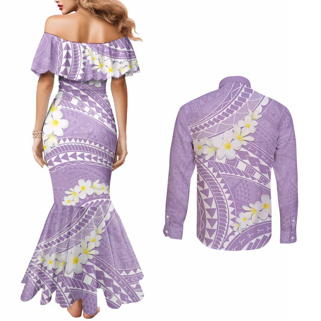 Polynesian Vintage Floral Couples Matching Mermaid Dress and Long Sleeve Button Shirt Lavender Motifs - Polynesian Pride