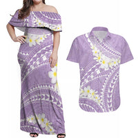 Polynesian Vintage Floral Couples Matching Off Shoulder Maxi Dress and Hawaiian Shirt Lavender Motifs - Polynesian Pride